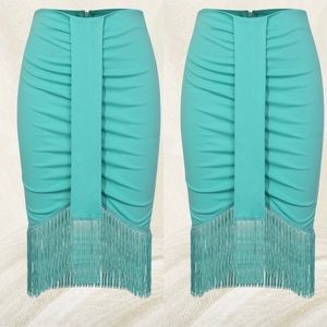 Teal Fringed Pencil Skirt